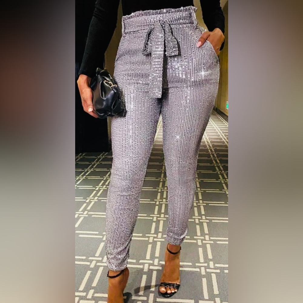 Women Sequined Wrap Waist Long Pants Pencil Trousers
Size L
